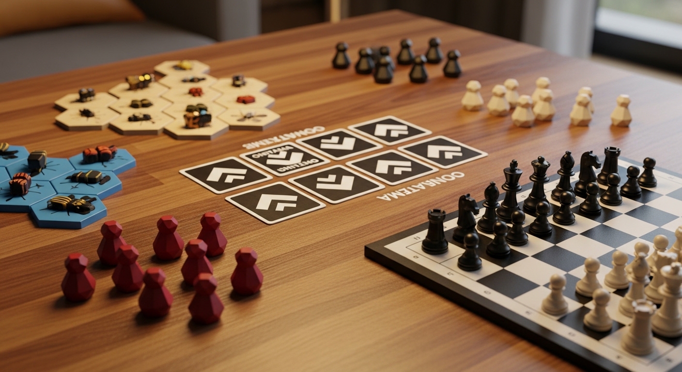 A variety of modern board games like Chess displayed on a wooden table